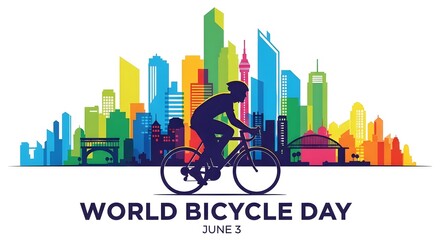 Fototapeta premium Professional cyclist silhouette riding bicycle on world bicycle day with colorful rainbow city skyline background celebrating june 3 global event sustainable transportation urban landscape
