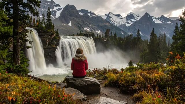 Person in red jacket gazes at a majestic waterfall cascading down a cliff, with mountains