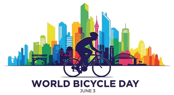 Professional cyclist silhouette riding bicycle on world bicycle day with colorful rainbow city skyline background celebrating june 3 global event sustainable transportation urban landscape