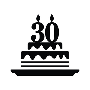 Black and white illustration of a birthday cake with number thirty candles