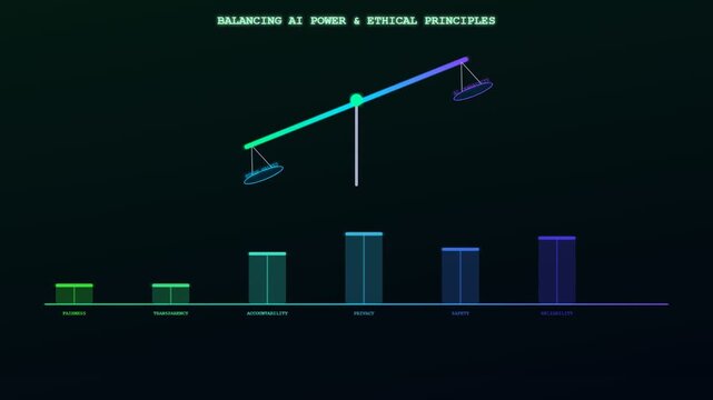 Conceptual animation exploring Ethical AI Oversight through a futuristic neon scale and fluctuating data bars that symbolize the delicate equilibrium between technological power and human values