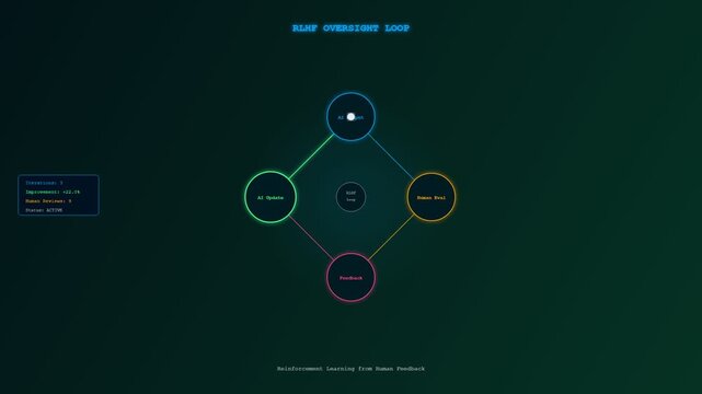 A complex conceptual animation illustrating Ethical AI Oversight through an evolving network of interconnected nodes representing human feedback and systemic intelligence in a dark digital void
