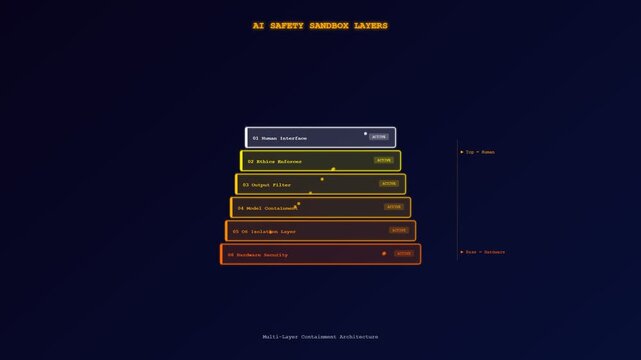 A sophisticated digital animation emphasizing ethical AI oversight by systematically revealing a multi layered security architecture designed for rigorous algorithmic containment