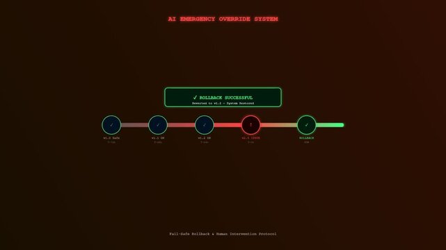 An avant-garde digital interface showcasing ethical AI oversight while navigating a catastrophic system malfunction to execute a successful rollback of deviant computational sequences for security