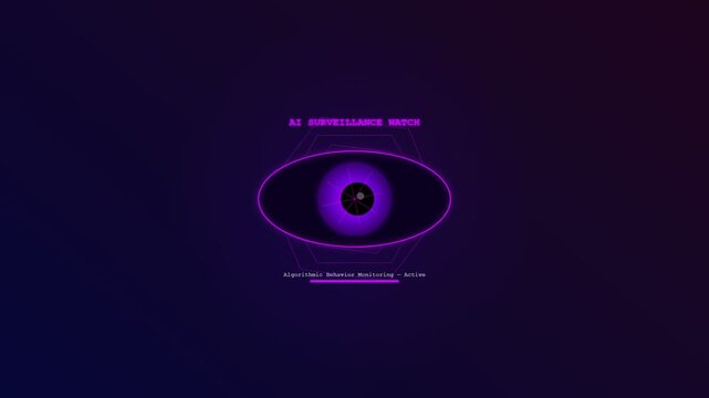A futuristic conceptual animation depicting Ethical AI Oversight through a pulsing neon cybernetic eye that activates within a dark void to represent digital vigilance