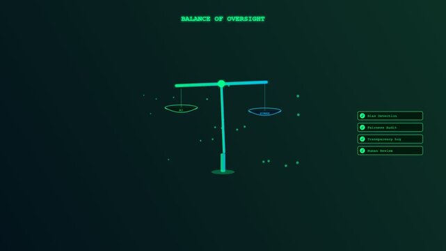 A sophisticated neon animation showcasing Ethical AI Oversight through a fluctuating digital scale paired with a systematic audit checklist to maintain algorithmic transparency