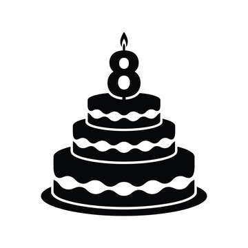 A simple black silhouette of a tiered birthday cake with a single candle