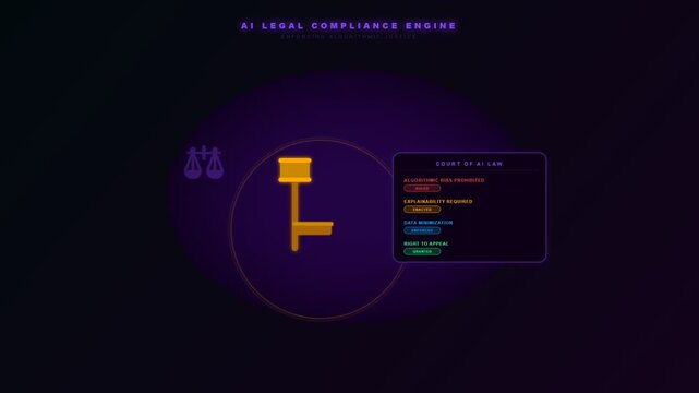 A futuristic visualization of Ethical AI Oversight featuring a golden gavel and scales of justice appearing within a glowing purple digital nebula for legal compliance