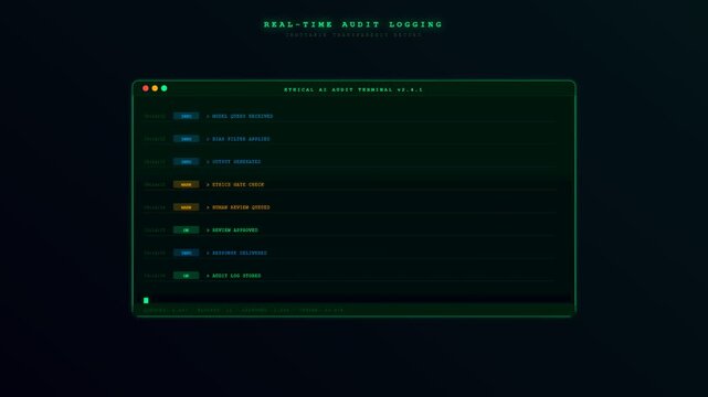 A cinematic sequence showing Ethical AI Oversight through a digital terminal interface where green data logs scroll rapidly to monitor algorithmic transparency and corporate governance