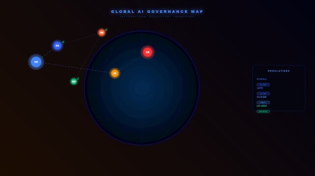 An intricate digital interface depicting Ethical AI Oversight through a complex network of interconnected global nodes and regulatory frameworks pulsing within a dark cyberspace environment