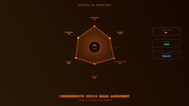 An advanced dashboard demonstrating Ethical AI Oversight through a dynamic radar chart that evolves to measure corporate responsibility and algorithmic transparency in a futuristic interface