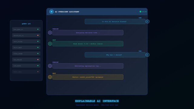 A sophisticated sequence demonstrating Ethical AI Oversight as a digital interface analyzes algorithmic bias and retrieves detailed explanation logs to ensure transparent automated decision making