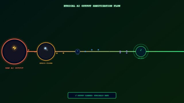 A conceptual digital animation demonstrating Ethical AI Oversight as data packets traverse a neon holographic workflow to filter biases and ensure complete algorithmic safety and transparency
