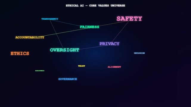 A conceptual animation illustrating Ethical AI Oversight through a shimmering web of interconnected principles that emerge and expand within a vast interstellar digital atmosphere