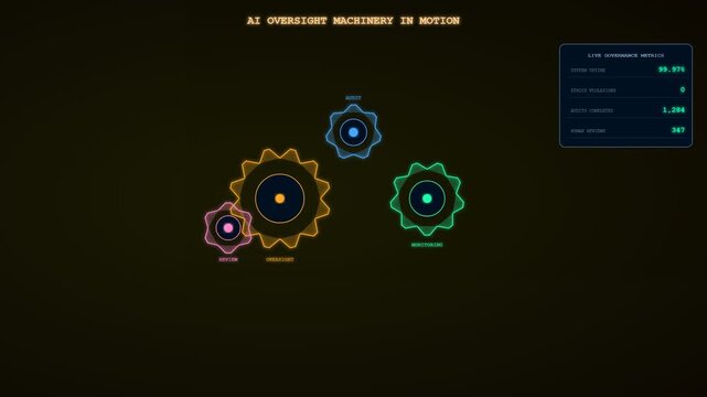 A complex holographic interface manifesting Ethical AI Oversight through rotating iridescent gears and fluctuating data metrics orchestrating systemic algorithmic accountability and governance 