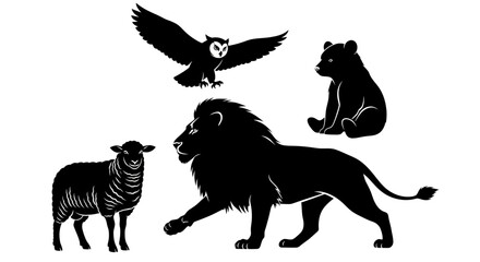 Silhouette Collection of Lion, Sheep, Bear Cub, and Owl in Flight © keysa