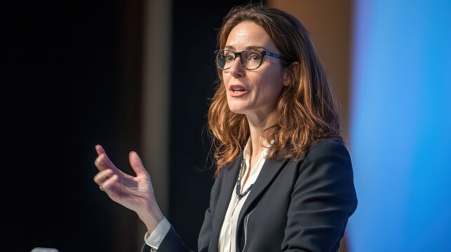 A confident businesswoman in a black blazer and glasses giving a presentation on stage with a blue background