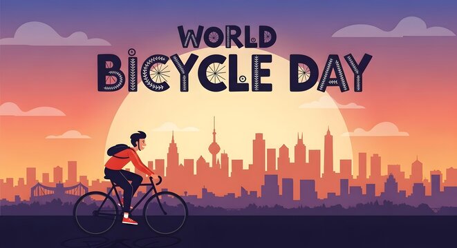 World bicycle day typography banner shows man riding commuter bike against silhouette of metropolitan city buildings at dusk with large rising sun creating warm atmospheric glow in sky area