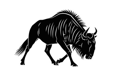 Silhouette of a wildebeest with flowing mane and tail in black and white © keysa
