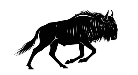 Silhouette of a running wildebeest animal with horns and mane © keysa