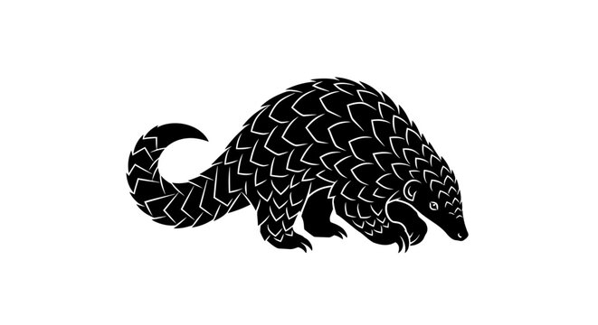 Stylized Black Pangolin Icon Illustration On White Background With Scales And Tail