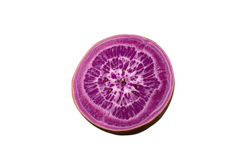 Naklejka premium Purple sweet potato cross-section showing vibrant ube flesh texture, a raw healthy root vegetable slice on transparent background