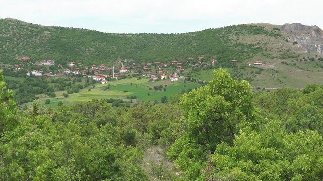 Balkan mountain village houses near forest and green fields, wide rural panorama view. Scenic hillside hamlet rooftops amid woodland farms, lush meadows, distant ridges under haze.