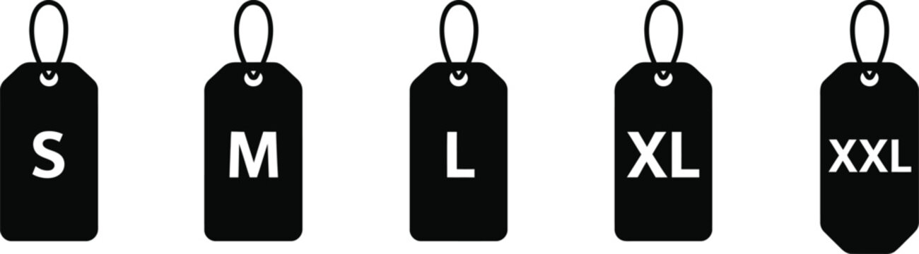 Five black rectangular clothing price tags with white text labels showing size s m l x l and x l hanging from strings arranged in a horizontal row against a plain white background