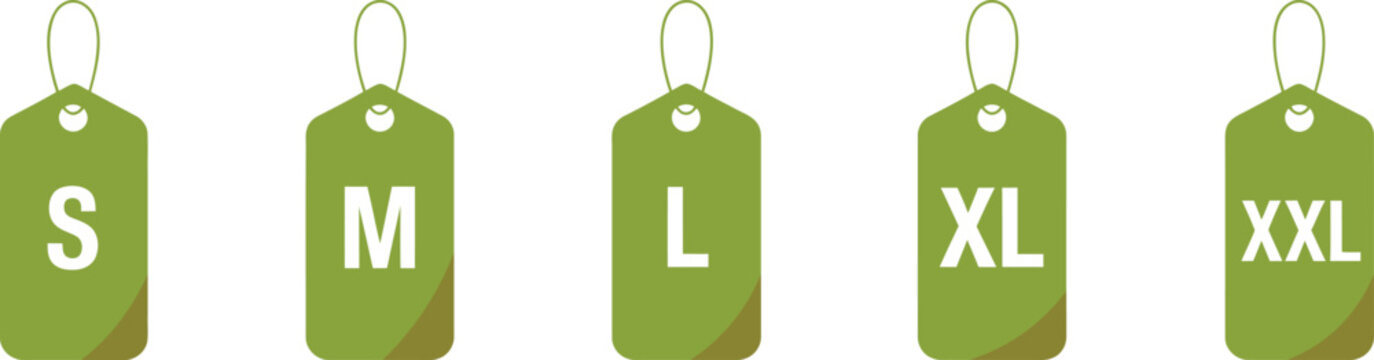 Five olive green clothing size tags with white letters s m l x l and x l hanging on strings arranged in a horizontal row against a plain white background for retail apparel labeling and inventory