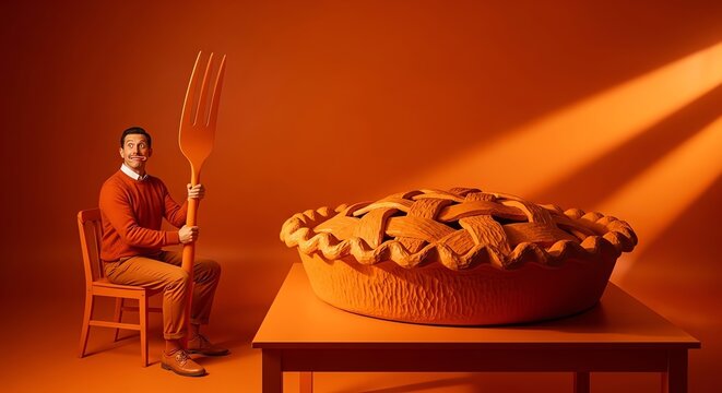 Man with Giant Fork Faces Enormous Pie in Orange Surreal Scene