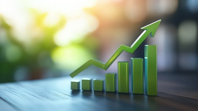 A green bar graph with an upward trend on a wooden table in a bright and airy room