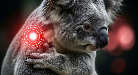 Obraz premium Conceptual image of koala bear with glowing red pain or target symbol on shoulder