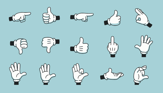 Cartoon Hand Gestures Collection: Thumbs Up, Down, Pointing, OK, Middle Finger, Open Palm
