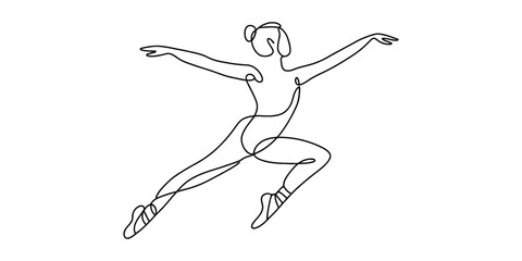 A continuous line drawing of a graceful ballerina performing a dynamic leap in a studio setting Vector, illustration © Badhon_Designer
