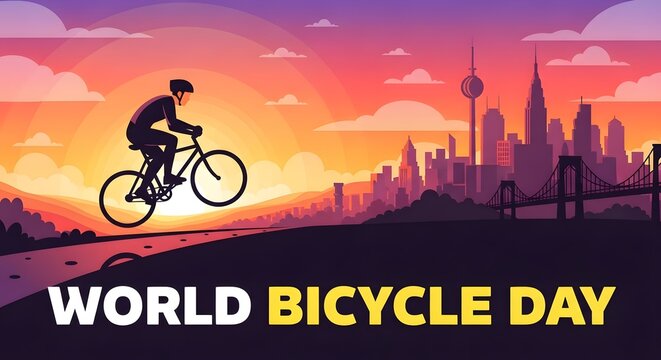 World bicycle day celebration silhouette of cyclist riding bike at sunset over city skyline with bridge and river transportation and recreation concept art backdrop