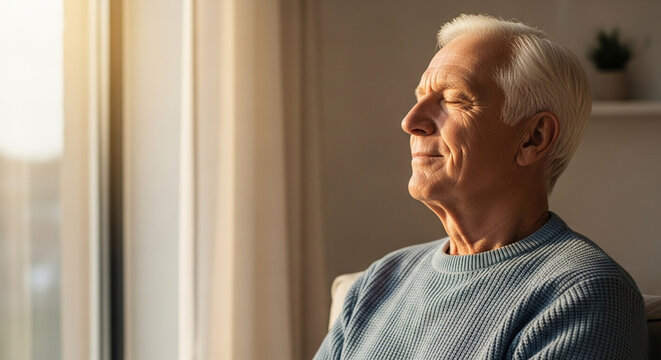 Elderly man relaxes in warm golden sunlight by window, experiencing a tranquil moment of peace and deep contentment