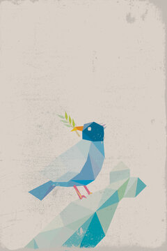 Polygon peace dove carrying olive branch on falling missile bomb on beige vertical background fade condition with scratches and distress texture