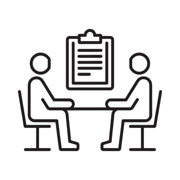 Line art depiction of two people at a table with a clipboard