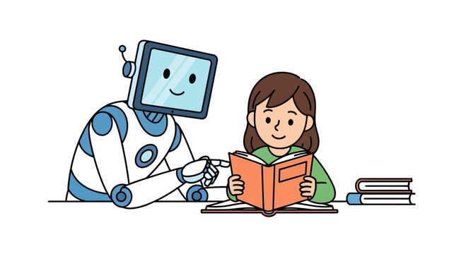 Robot teaching girl reading book, education, technology, learning, future concept