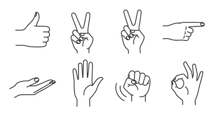 Fototapeta premium Set of Hand Gestures Icons: Thumbs Up, Peace Sign, Pointing, Open Palm, Fist