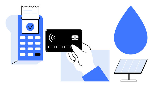 Financial technology, renewable energy, water sustainability, eco-friendly solutions, digital transactions, and innovation. A POS machine, contactless payment card, solar panel and water drop