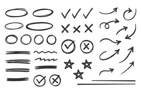 Hand drawn checkmarks, arrows, and other symbols for design and editing