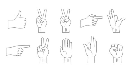 Fototapeta premium Set of Hand Gestures Line Icons: Thumbs Up, Peace Sign, Pointing, Open Hand