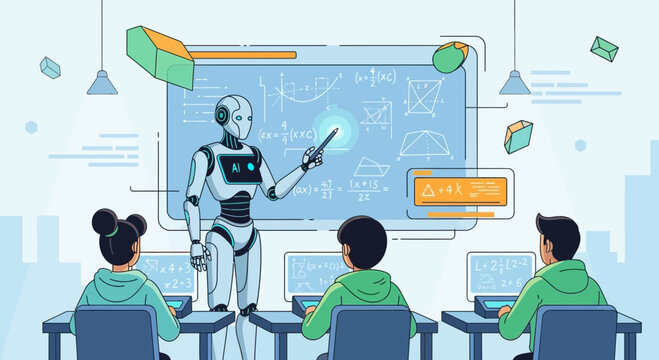 AI Robot Teacher Educating Students in Modern Classroom with Math Formulas