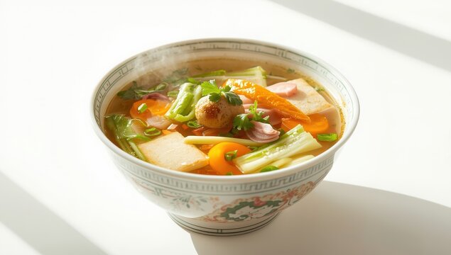 Homemade clear soup with tofu, minced pork, vegetable, and meatballs; Thai dish known as kang jued tao hoo moo sab.