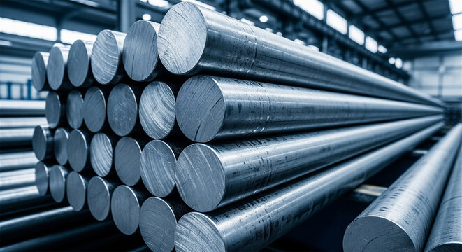 Industrial steel round bars stacked in warehouse, heavy metal cylinders for manufacturing, stainless steel rods in factory storage