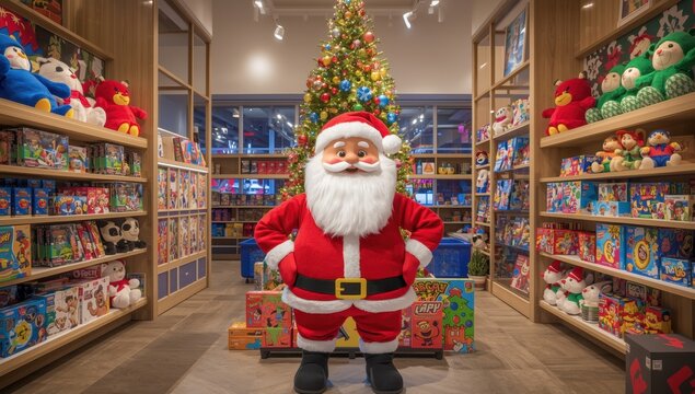 A contemporary Santa figure amidst store toys.