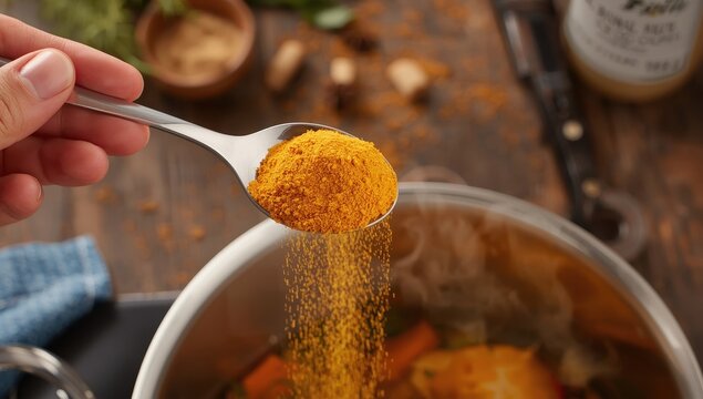 A hand grasping a spoon filled with chicken bouillon.