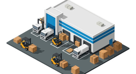 Isometric view of a modern warehouse with trucks and forklifts loading goods. © Welas