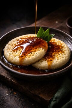 Indonesian fluffy Serabi pancakes with pouring palm sugar syrup in a rustic bowl.